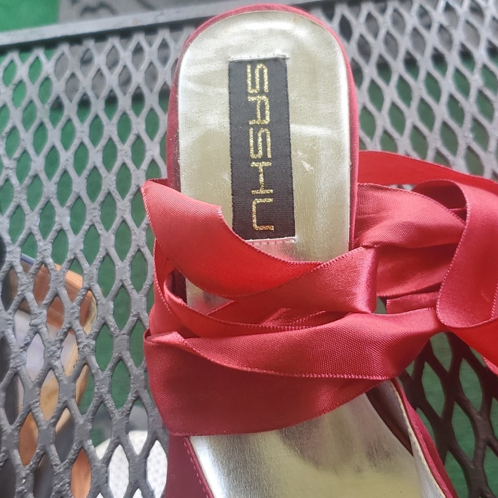 SHASHU Red Satin Ribbon Shoes - Picture 3 of 11